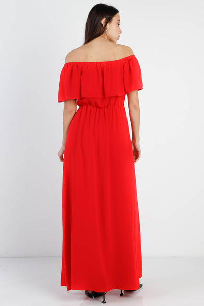 Red Off Shoulder Ruffle Maxi Dress