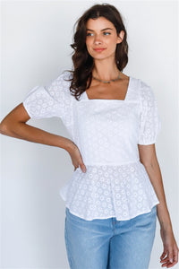White Embroidered Balloon Short Sleeve Back Tie Top