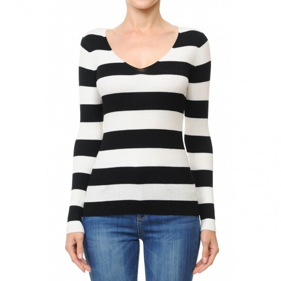 BLACK AND WHITE STRIPED V-NECK LONG SLEEVE SWEATER