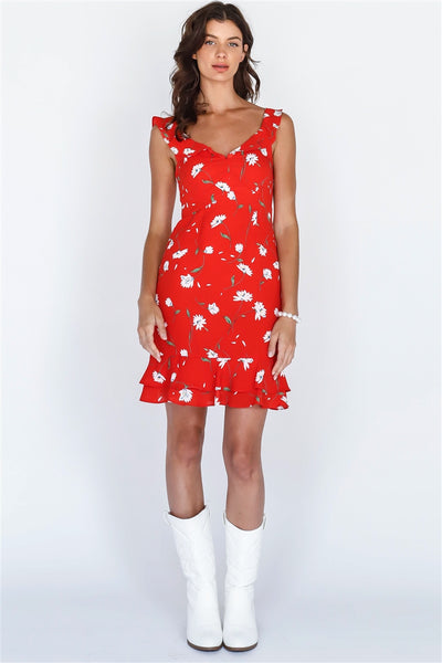Red Floral Print Ruffle Trim Mini Dress