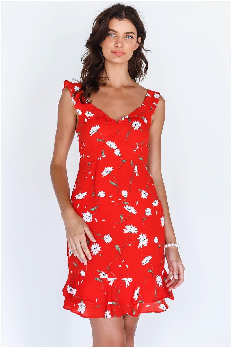 Red Floral Print Ruffle Trim Mini Dress