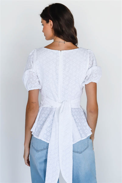 White Embroidered Balloon Short Sleeve Back Tie Top